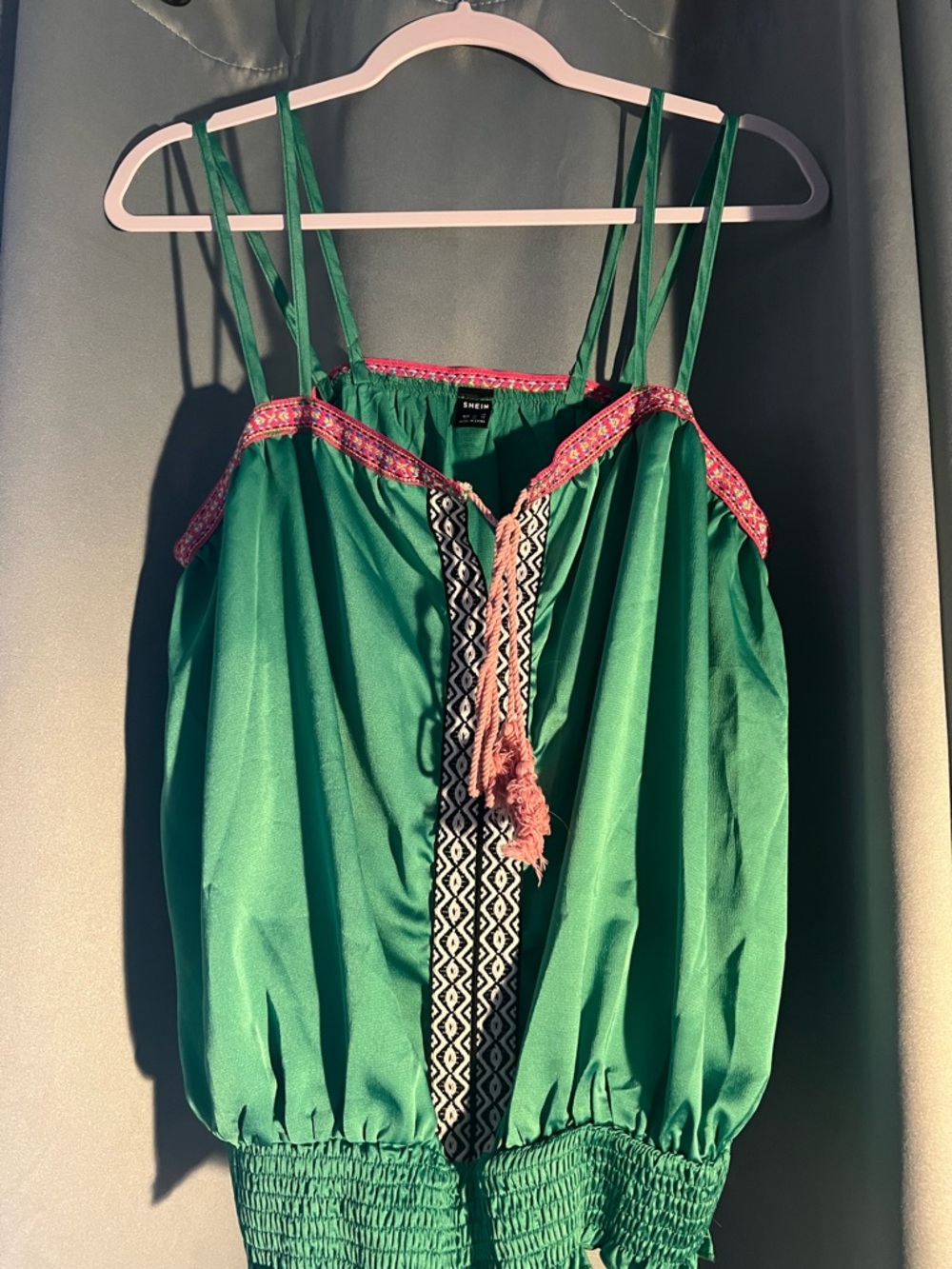 SHEIN Green Camisole Tank Top Pink Embroidery Tassel Tie L